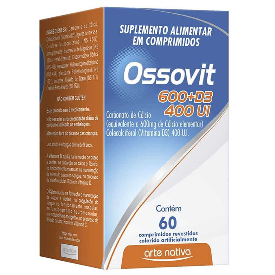 Suplemento Alimentar Ossovit 600mg + Vitamina D3 400ui 60 Comprimidos